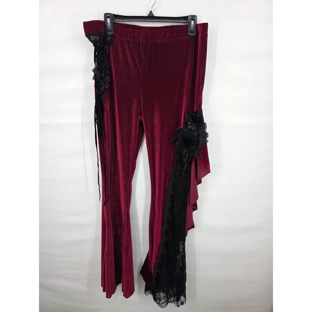 Eva Lady Burgundy Velvet Gothic Flare Pants Lace Ruffle Corset Detail Large